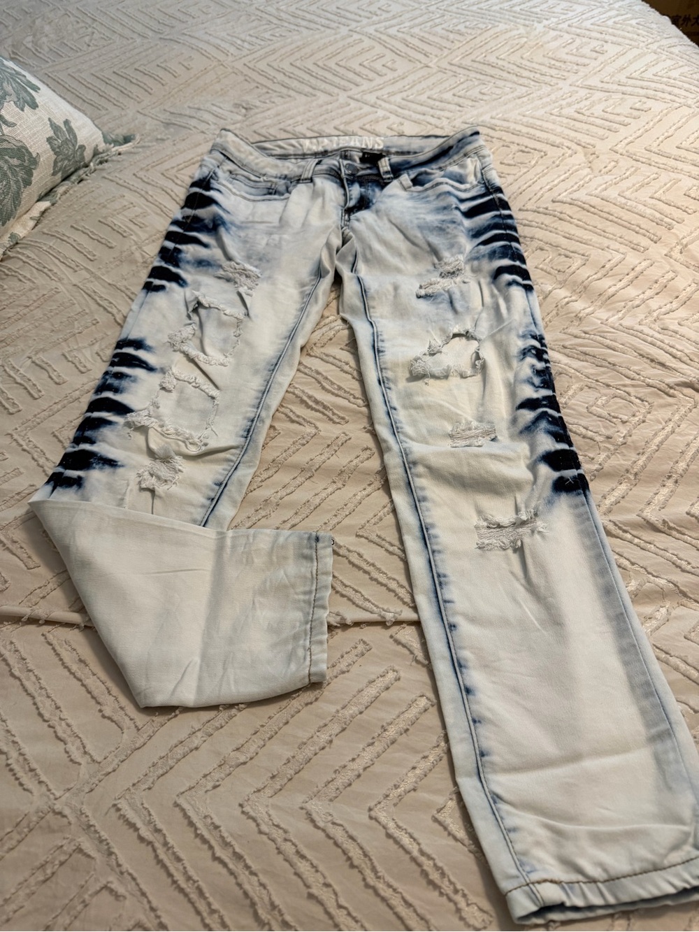 VIP Distressed Light Blue Jeans with Dark Blue Tie-Dye Accents